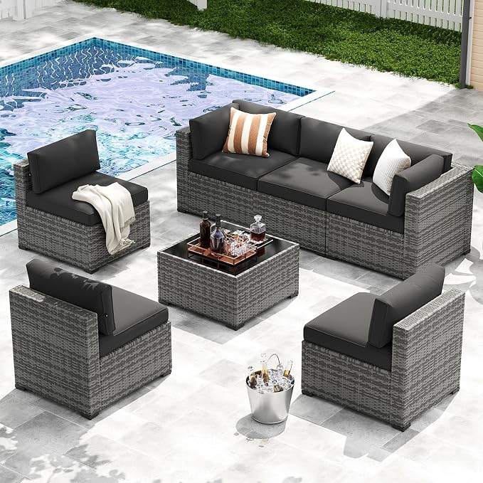 LazySunsets 7-Piece Patio Furniture Set, Wicker Rattan Outdoor Furniture with Thick Cushions, Patio Conversation Sets with Coffee Table, Outdoor Sectional Couch Sofa, Black