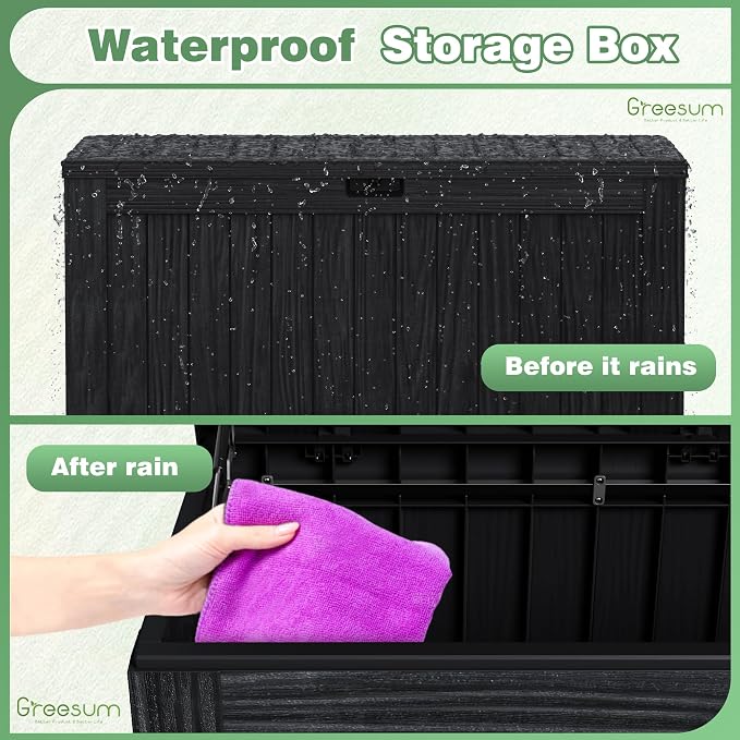 Greesum Outdoor Storage Box 120 Gallon Storage Bin with Lid for Patio Furniture, Garden Tools, Pool Supplies, Lockable, Waterproof and UV Resistant, Black