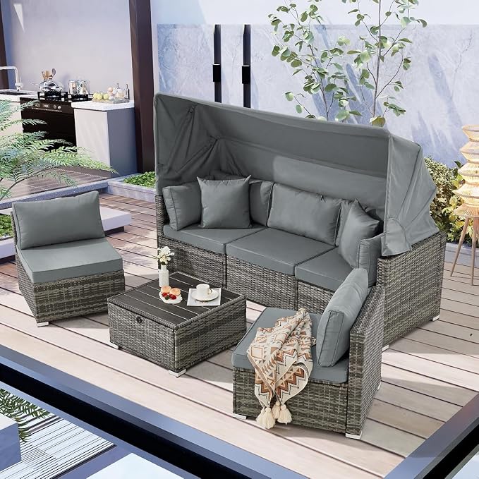 6-Piece Outdoor Patio Furniture Set with Retractable Canopy, Grey Rattan Sectional Sofa with Adjustable Backrest, Conversation Set for Garden Deck Backyard Lounge Area(Gray)