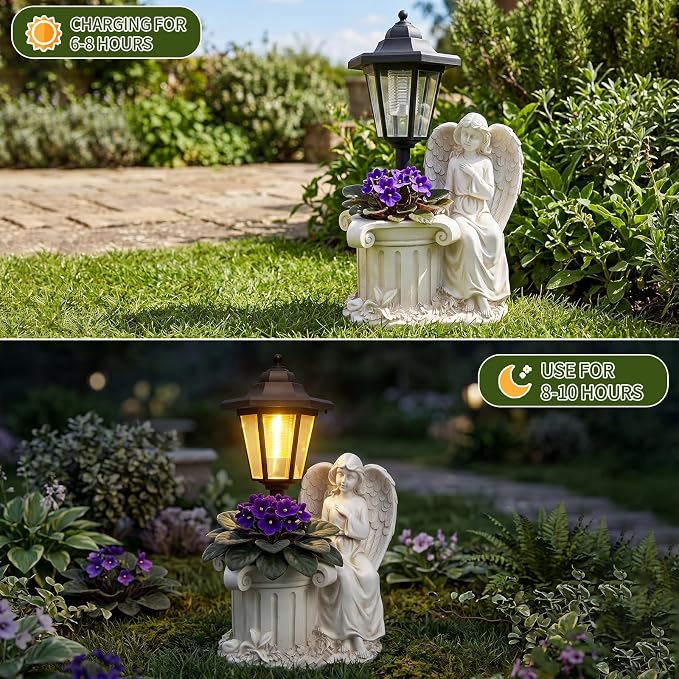 Solar Angel Outdoor Garden Statues with Lantern & Flower Pot | Resin Angel Figurines for Yard Lawn Porch Patio Balcony Decor- Gifts for Women Mom Grandma
