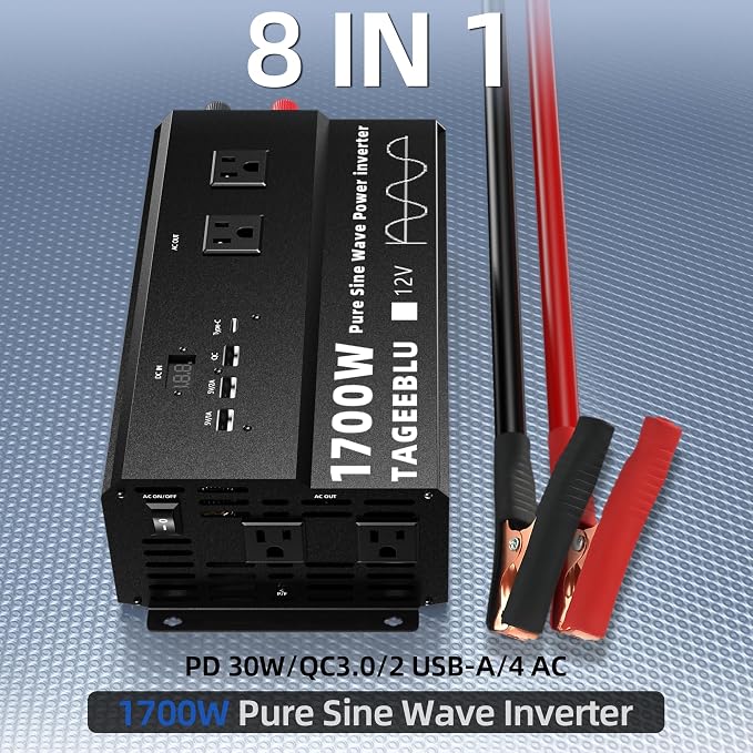 Pure Sine Wave Inverter [1700W] - 3400W Surge, 12V DC to 110V AC Heavy Duty Power Inverter for RV, Truck, Home, Solar, Off-Grid, Outdoor, Car Converter with 4 AC Outlet & 4 USB (30W QC & PD)