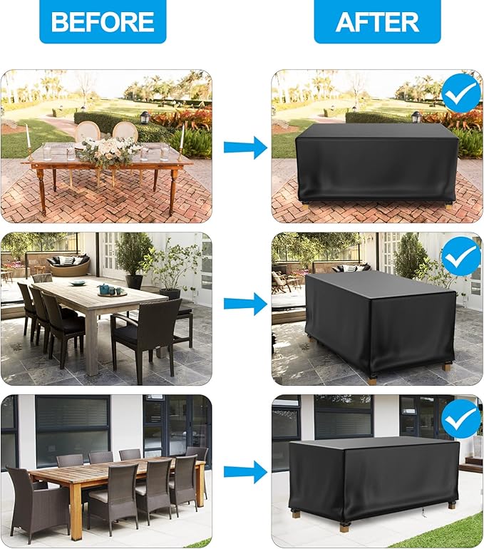Patio Table Cover 100% Waterproof, 72x47x28 inch Outdoor Table Cover Rectangular, Patio Furniture Cover for Dinning Furniture, Picnic Coffee Tables Chairs and Sofas, Black