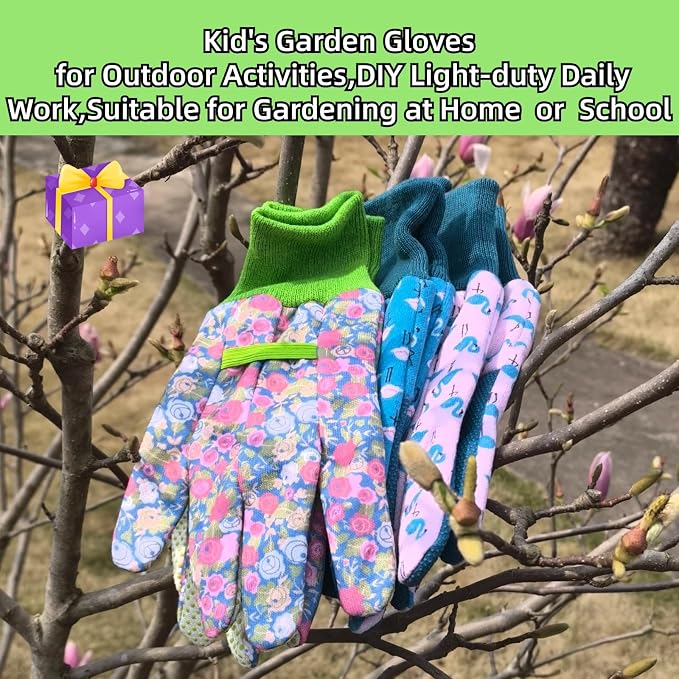 Gardening Gloves for Kids,Toddler,Children,Gift,Cute Pattern,Age3-8 | Canvas,Cute Floral Pattern,Anti-slip Dotted Palm,Soft Knit Wrist,Gardening Gift for Kid,Toddler,Daily Work,Outdoor Activities