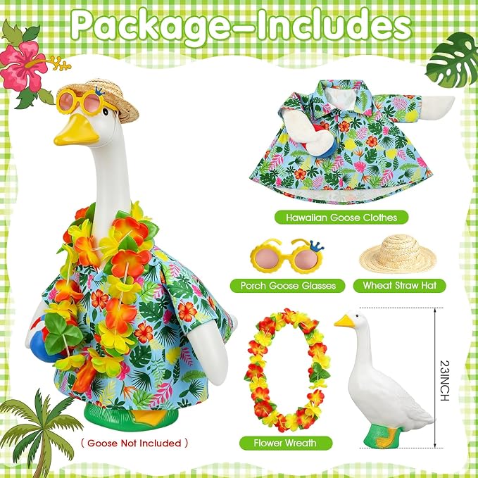 Hawaiian Porch Goose Outfits for 23" Statue, Summer Goose Clothes with Volleyball, Straw Hat, Sunglasses & Floral Wreath – Fun Tropical Lawn Decor for Garden, Patio, Beach