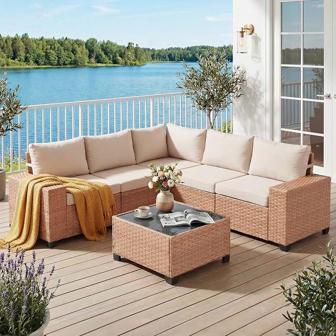 JOIVI 6-Piece Outdoor Sectional Patio Furniture Set, All-Weather Wicker Conversation Sectional with 8” Wide Armrests & 4” Cushions, Modular L-Shaped Sofa for Backyard, Garden & Porch, Beige