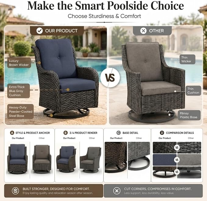 HUMMUH 2-Piece Patio Swivel Rocker Chairs Set, Wicker Outdoor Seating | 50,000 BTU fire pit, powder-coated steel frame, PE wicker, 360-degree swivel, 4-inch thick sponge cushions