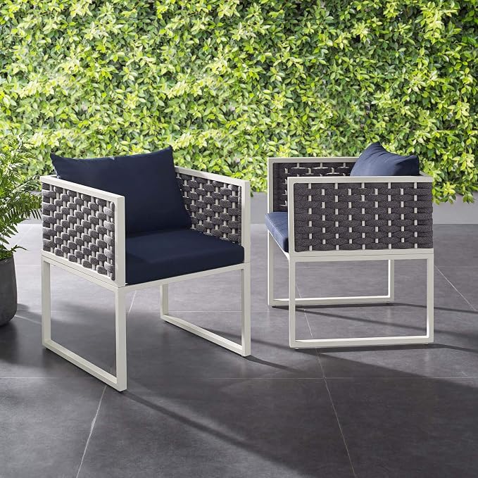 Modway Stance Outdoor Patio Aluminum Set of 2 Dining Armchair in White Navy