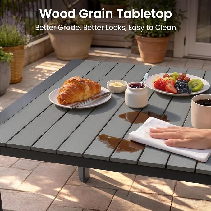 11 Pieces Outdoor Patio Dining Set, 95" Aluminum Table and Stackable Chairs | Adjustable Umbrella Hole & Wood Grain Tabletop for Garden, Patio, Backyard (Grey)