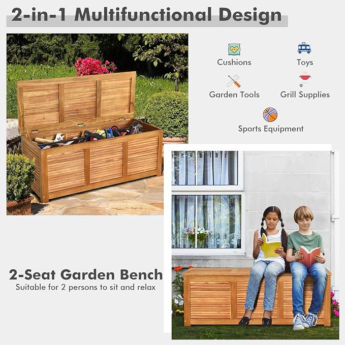 FANTASK 47 Gallon Wooden Deck Box, Outdoor Acacia Wood Garden Backyard Organization, Storage Bench for Patio Furniture Gardening Tools Toys Cushions