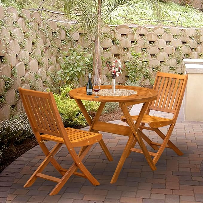 East West Furniture MNDK3CWNA 3 Piece Patio Bistro Sets Wood Folding Table Set Contains a Round Outdoor Acacia Wood Coffee Table and 2 Folding Side Chairs, 30x30 Inch, Natural Oil