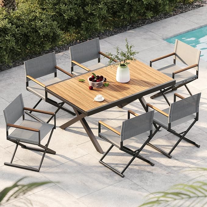 Grand patio 7-Piece Outdoor Dining Set, 6 Extra-Wide Folding Chairs & 1 Rectangle Expandable Table for 6-8 Person, Sling Mesh Patio Chairs with Wood Grain Table for Yard, Poolside, Deck, Gray