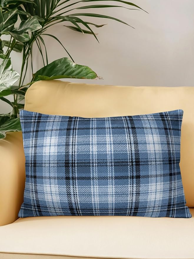 Waterproof Outdoor Pillow 1 Pack Blue Checked Plaid Decorative Throw Pillows Cover & Insert 20x12 Inch Lumbar Pillowcase Stripes Woven Grid Pillows for Couch Sofa Bed Patio Furniture Indoor Outdoor