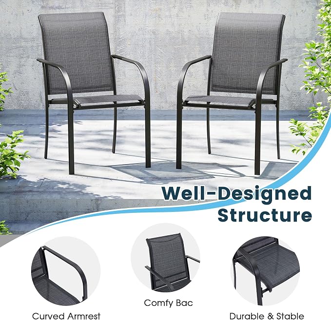3 Pieces Patio Dining Set, 28" Square Dining Table with Storage Shelf, 2 Stackable Textilene Fabric Chairs, Metal Structure for Patio, Porch, Garden(Grey Table, Grey Chair)