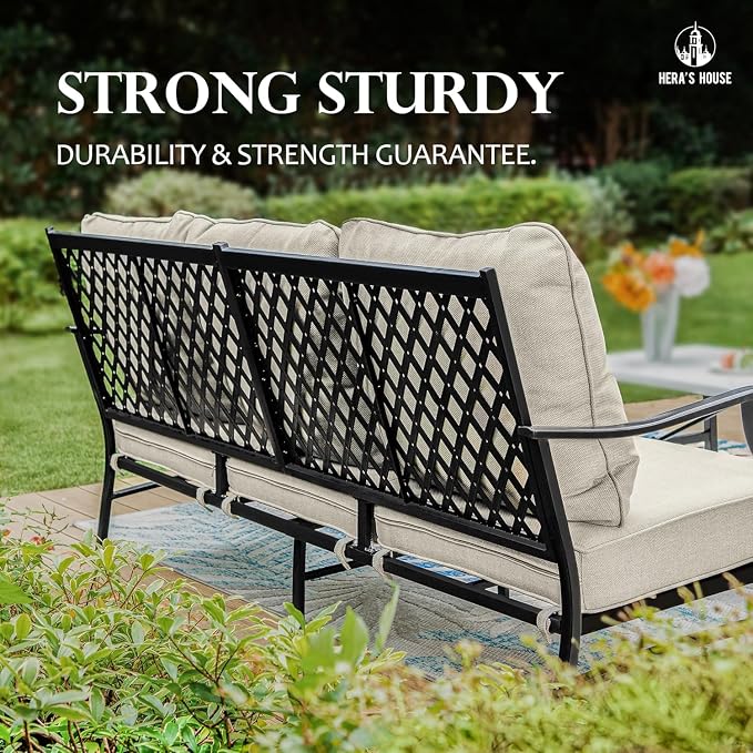 HERA'S HOUSE 4 Pieces Patio Furniture Set with Fire Pit Table, 2 x Rocking Chair, 3-Seat Sofa with 45" Fire Pit Table, Outdoor Conversation Set for Garden Lawn Poolside Backyard