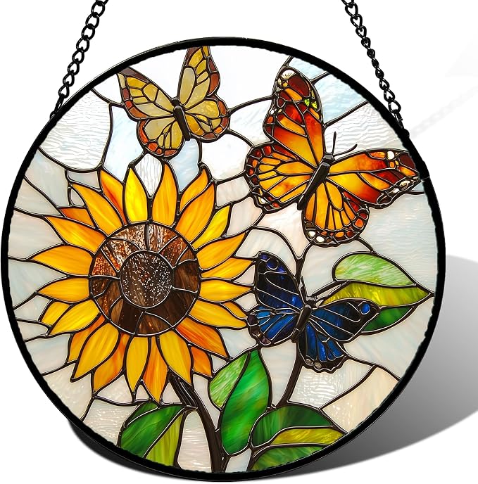 DASTOLL Stained Glass Window Hanging, Butterfly and Sunflowers Sun Catchers Glass Panel Plant Insects Suncatcher Decor for Birthday for Women, Men, Wife, Aunt, and Mom 14.9x14.9 in