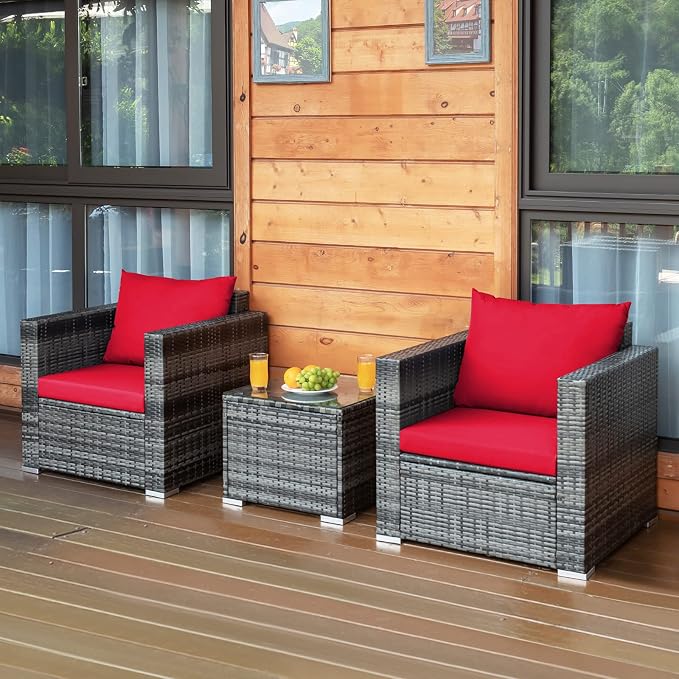 COSTWAY 3-Piece Patio Furniture Set, Outdoor Wicker Rattan Sofa with Cushions and Coffee Table, Conversation Chair Set for Poolside Backyard Balcony Lawn (Red)
