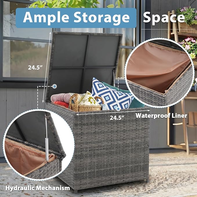 JOIVI Patio Furniture Set with Fire Pit Table, 8 Pieces Rattan Outdoor Conversation Set, 45" 50000 BTU Gas Fire Pit, Sectional Sofa with Storage Box, Navy Blue (Without Table)
