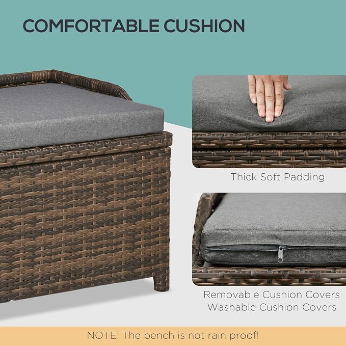 Outdoor Wicker Storage Bench Deck Box, PE Rattan Patio Furniture Pool Container Storage Bin with Interior Waterproof Bag and Comfortable Cushion, Gray