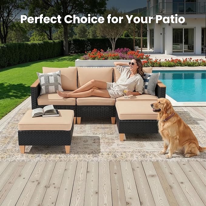 Soohow Outdoor Furniture Set, 5 Piece Patio Conversation Set with Cushions, PE Outdoor Wicker Conversation Set Sectional Patio Sofa, All-Weather Rattan Sofa for Backyard, Garden, and Poolside