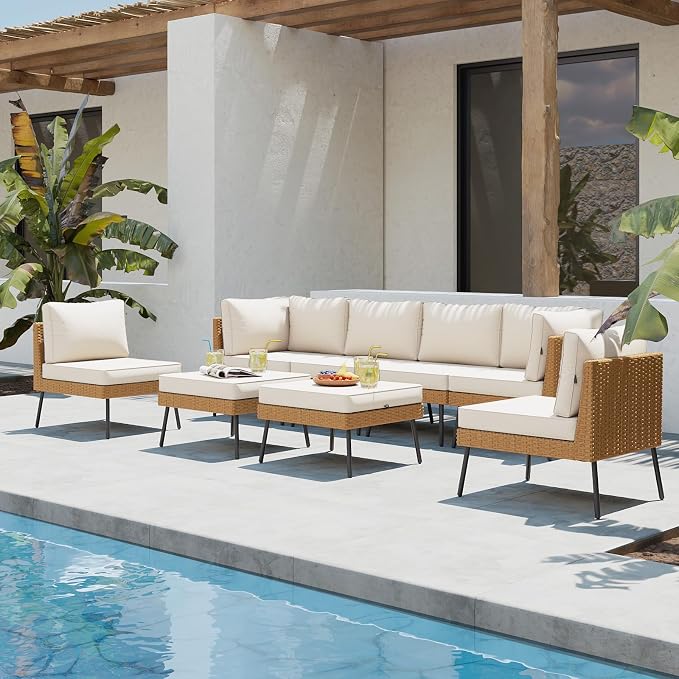 Aoxun 8 Piece Patio Furniture Set, 8 Seats Outdoor Sectional Sofas with Thick Cushion, Wicker Patio Outdoor Furniture Set with Ottomans for Party, Garden, Backyard, Beige