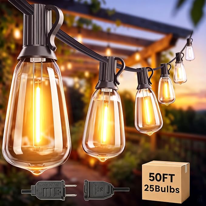 50FT LED Outdoor String Lights Waterproof, Edison Lights for Outside | with 27 Shatterproof Vintage Edison Bulbs Connectable Hanging Patio Lights for Yards Balcony Porch Bistro Garden Decor