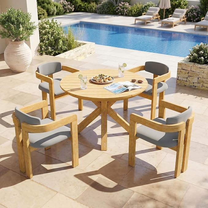 Merax 5 Piece Patio Table and Chairs Set for 4, 4pcs Outdoor Club Dining Chairs with Gray Cushions & 1 Oversize Round Dining Table, Acacia Wood Patio Dining Furniture Set for Balcony Desk Garden