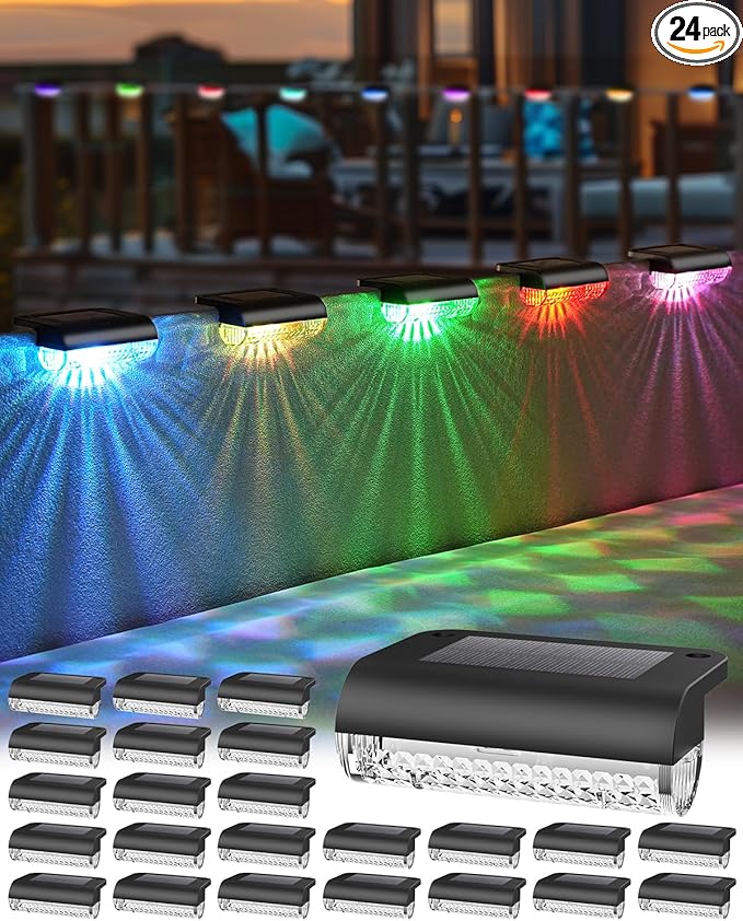 Herzila 24 Pack Solar Fence Lights Outdoor Color Changing Solar Deck Lights Waterproof Led Step Lights for Outdoor Stairs, Auto Dusk-to-Dawn, Low Profile, for Vinyl Fence Railing Deck Patio Yard