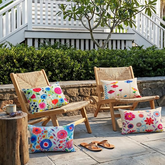 Colorful Floral Outdoor Lumbar Pillow Covers 12x20 Waterproof, Set of 4 | Floral Lumbar Pillow Cases, Flower Decor, Outdoor Lumbar Pillows for Patio Furniture Porch, No Decorative Pillow Inserts