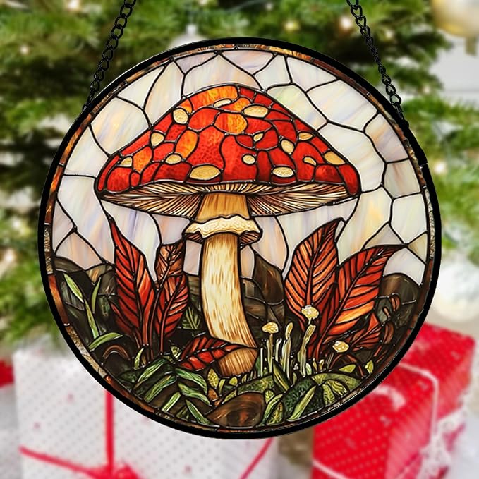 DASTOLL Stained Glass Window Hanging, Big Red Mushroom Suncatcher for Doors Home Sun Catchers Decoration and Christmas, Mother's Day Birthday Gifts for Women, Men, and Mom 14.9x14.9 in
