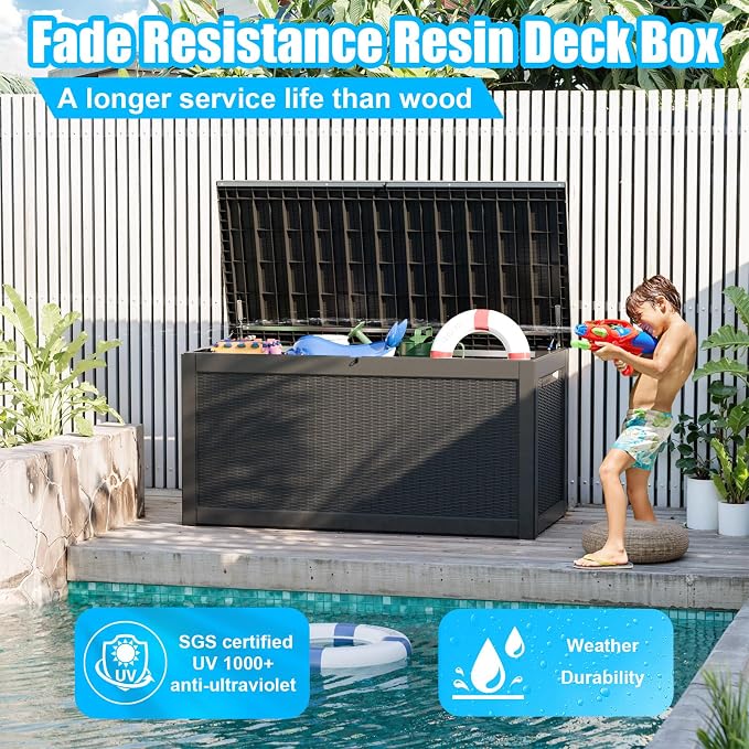 320 Gallon Outdoor Deck Box, Resin Waterproof Storage Box With Lockable Lid, UV-Resistant Multi-Purpose Outdoor Storage Bench for Patio Cushions, Garden Tools, Pool Accessories (Black)