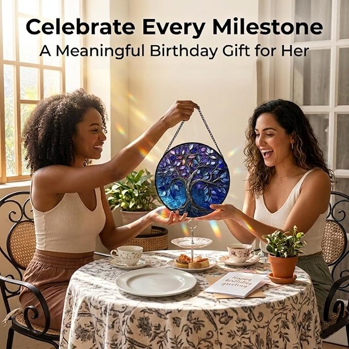 Birthday Gifts for Women - Blue Tree of Life Faux Stained Glass Window Hanging Sun Catcher for Door Garden Acrylic Decor Mother's Day Christmas for Mom Nana Grandma Sisters Wife 9.8"