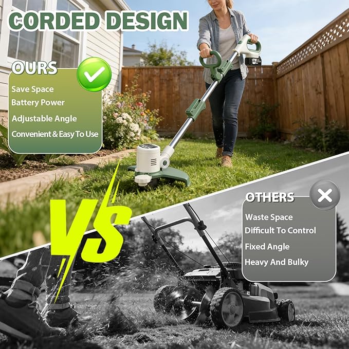 21V 3-in-1 Cordless Weed Eater-Weeding/Trimming/Lawn Mower, with 8 Replace Auto Line Feed, Electric Grass Trimmer for Garden, Lawn, 120 Mins of Non-Stop (2x4.0 mAh Battery Included)