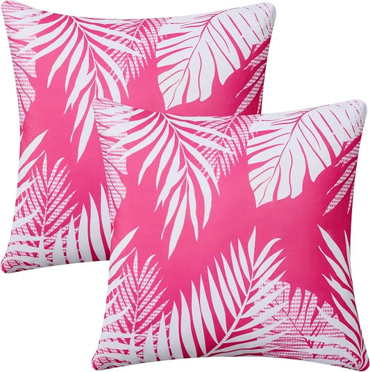 Allorry Outdoor Pillow Covers 18x18 Set of 2 Tropics Palm Leaves Rose Red Floral Pattern Decoration Throw Pillow Covers for Outdoor Waterproof Furniture Garden Patio Sofa Bedroom Home Decor JB008-D18