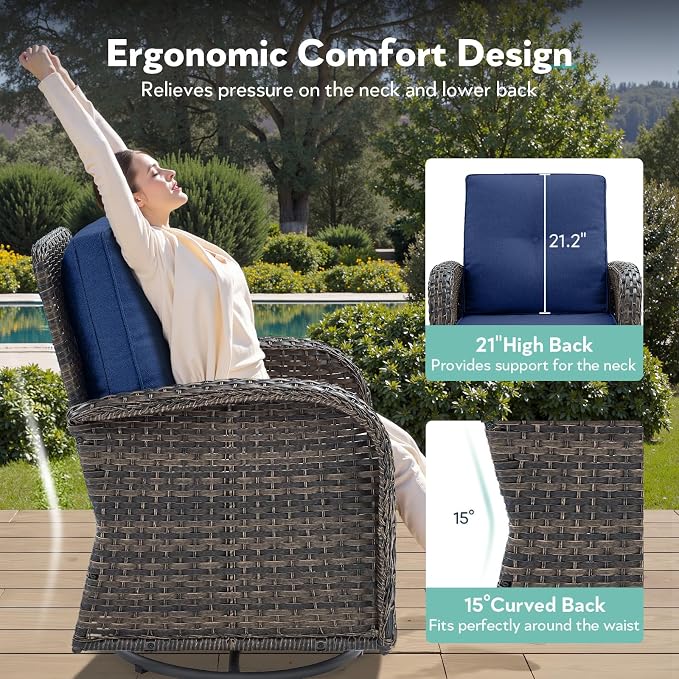 Outdoor Swivel Glider Rocker Chairs - 3 Piece Patio Furniture Set, Patio Bistro Sets with Tempered Glass Side Table, for Balcony, Porch - Brown Wicker, Blue Cushion