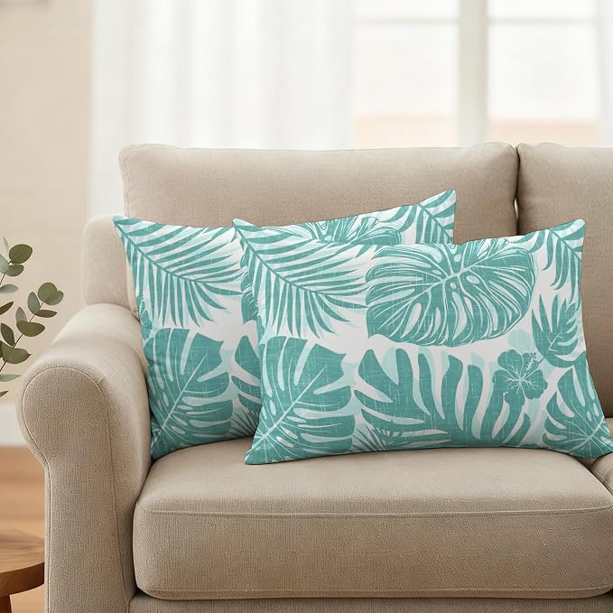 Aqua Teal Palm Leaves Outdoor Pillow Covers 20"x12" Set of 2, Tropical Botanical Minimalist Modern Waterproof Throw Pillow Covers for Patio Furniture, Decorative Cushion Covers for Porch