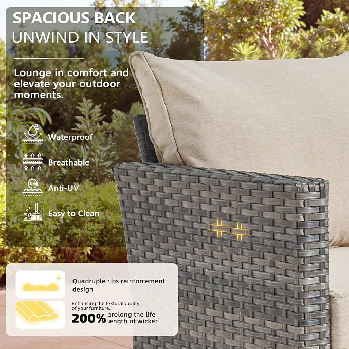 CAODOC 8-Piece Outdoor Wicker Patio Set with 9 Seats, Including 43" Fire Pit - Sectional Sofa and Conversation Set for Backyard or Lawn, Gray Rattan with Waterproof Beige Cushions