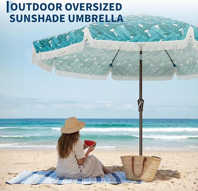 Garvee 9FT Fringe Patio Umbrella with Crank Handle, Push Button Tilt for Sun Shade, 8 Fiberglass Ribs, 1.5" D Premium Steel Pole, Outdoor Large Tassel Umbrella for Patio Beach Pool Backyard,9' Leaf