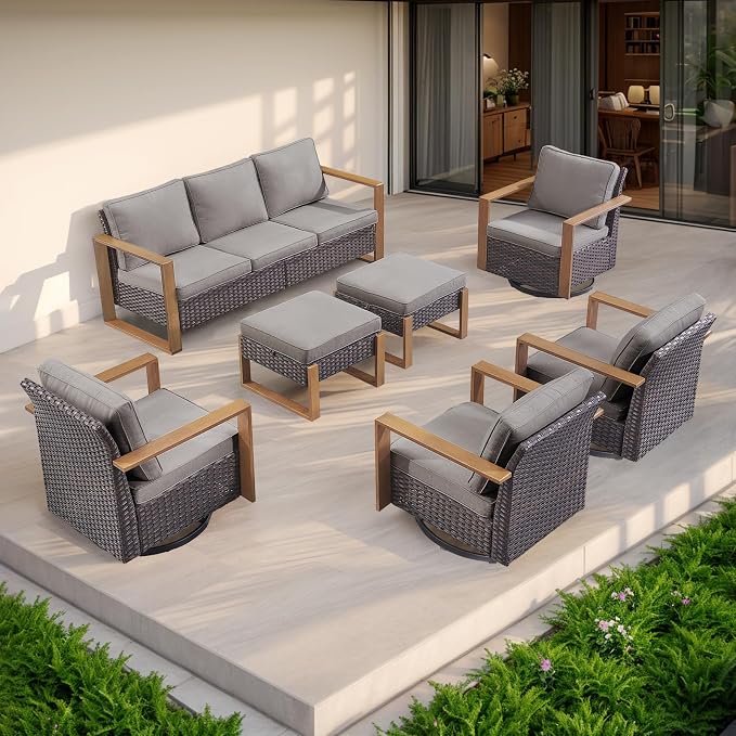 Rilyson Outdoor Ottoman Wicker Patio Footrest - 2 Piece Wicker Footrest Footstools Set with Sturdy Frame,All-Weather PE Wicker, Thick Cushions for Deck Porch Garden(Brown/Grey)