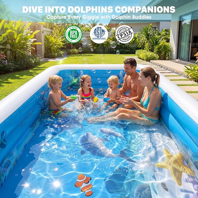 Extra Large Inflatable Pool with Lights,Upgraded Solar Powered Blow Up Pool for Adults,Inflatable Kids Swimming Pool with Seat& Backrest,Big Inflatable Kids Pool for Backyard,120x73x20IN