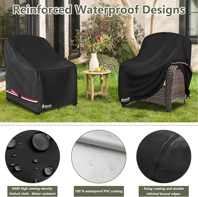 Bitubi Waterproof Patio Chair Covers, Lounge Deep Seat Cover Fits Up to 32W x 34D x 34H inch, Heavy Duty Outdoor Lawn Patio Furniture Cover (2 Pack, Black)