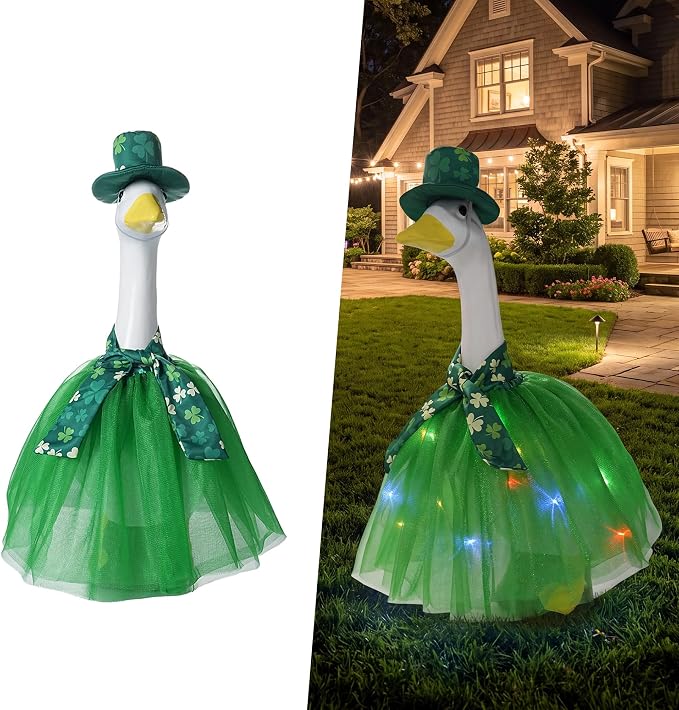 Summer Porch Goose Outfit Set with Floral Dress & Hat for 23" Goose Statue (Green)