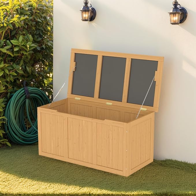Domesto 112 Gallon Extra-Large Outdoor Deck Box, Solid Wood Storage Box Seat & Table Top, For Patio Cushions, Pool, Garden Tools (Light Brown, 67 Gallon)