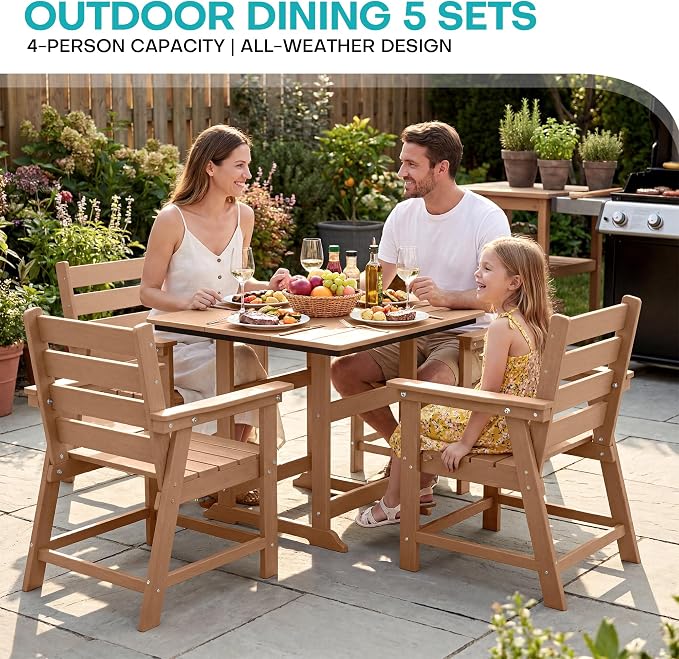 5 Piece Patio Dining Set, HDPE All-Weather Furniture with 4 Chairs & 1 Square Table, for Backyard, Garden, Cedar