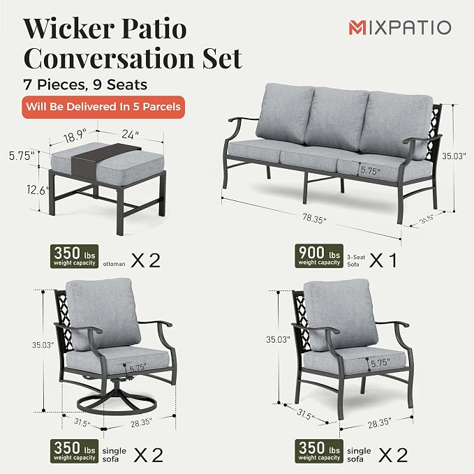 MIXPATIO Patio Furniture Set 7 pcs, Outdoor Patio Furniture, 3-Seat Sofa, 2 Single Chairs, 2 Swivel Chairs, 2 Ottomans and 5.75" Extra Thick Cushion, Patio Conversation Set for Backyard Deck,Grey