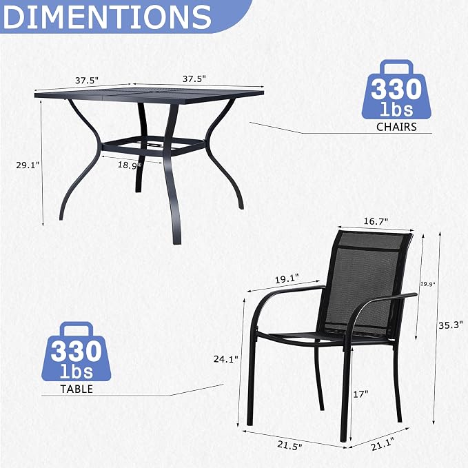 5 Piece Patio Dining Set for 4, 37.5” Black Square Table with Umbrella Hole and 4 Black Patio Stackable Chairs, Patio Table and Chairs for Backyard, Lawn, Deck & Garden