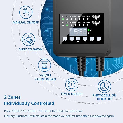 SUNVIE 200W Low Voltage Landscape Transformer with 2 Independent Control Output Landscape Lighting Transformer with Timer and Photocell Sensor 120V AC to 12/14V AC Weatherproof Low Voltage Transformer
