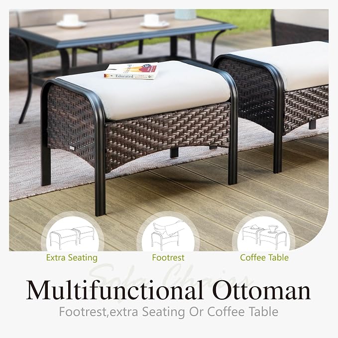 Sophia & William Patio Furniture Set, 4 Piece Metal Outdoor Conversation Set with 2 Sofa Chairs, 2 Ottoman for Outdoor Seating, Backyard, Porch(Beige)