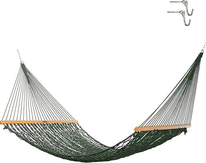 Original Pawleys Island Deluxe Green DuraCord Rope Hammock – 13 ft. x 65 in, 2-Person, 450 lb Capacity, Oak Spreader Bar, Zinc-Plated Hardware, Handcrafted in the USA