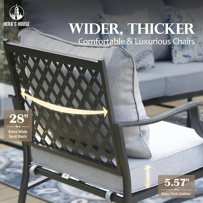HERA'S HOUSE 6 Piece Patio Furniture Set, 2 x Rocking Chair, 2 x Fixed Chair, 1 x 3-Seat Sofa with Marbling Coffee Table, All Cushioned 7 Seats Outdoor Conversation Set for Lawn Garden Backyard, Grey