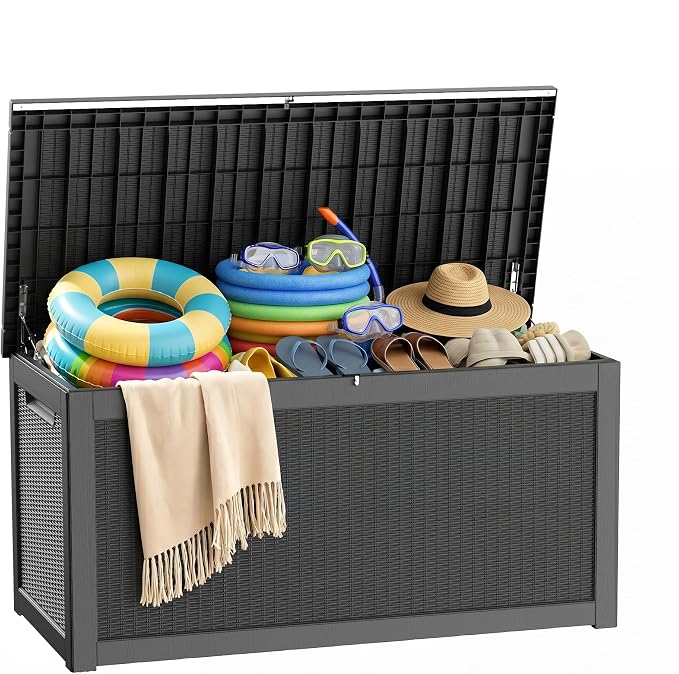 PatioZen 330 Gallon Outdoor Storage Box, Heavy Duty Resin Large Deck Box Organization for Garden Tools & Pool Accessories, Hydraulic Lift, All-Season UV-Resistant, Black